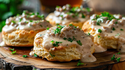 Homemade biscuits with sausage gravy garnished with fresh parsley on rustic wooden serving board
