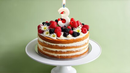 birthday cake with burning candle on form of letter &laquo;3&raquo;on top of cake, berries, flowers, yellow background , cake on right side of image, empty background on right side