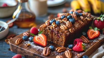 Freshly baked berry nut loaf cake with pecans and blueberries on wooden board