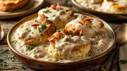 Homemade biscuits with sausage gravy and crumbled bacon served in a bowl on rustic wooden table