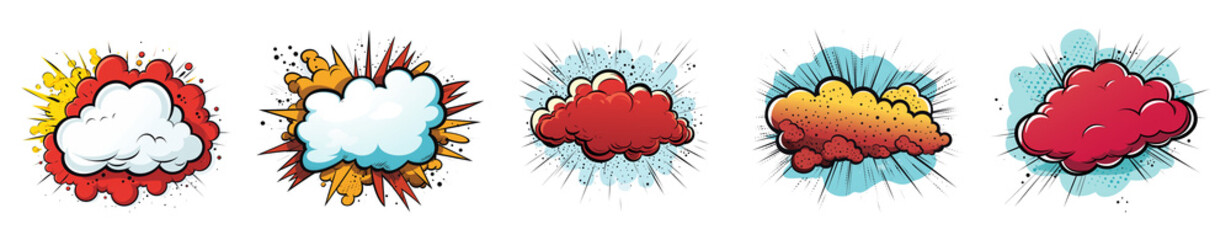 Set of comic style clouds. Retro style pop art cutouts. isolated on a transparent background.