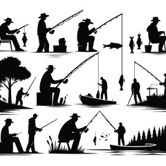 people fishing in black and white silhouette