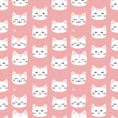 Cartoon seamless pattern with cute white cat faces on light pink background.