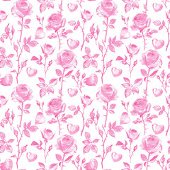 Watercolor seamless pattern with pink roses and hearts isolated on white background.