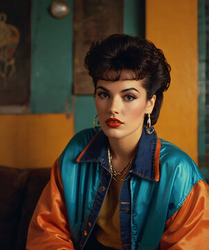 A stylish woman in retro 80s fashion, featuring bold colors and vintage flair