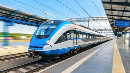A modern, silver and blue train speeds through a station platform on a bright, sunny day