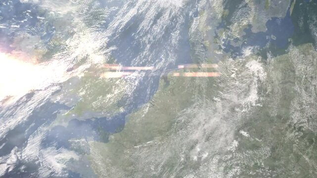 Zooming in on Haarlem, Netherlands frome space. Realistic 3D Animation.