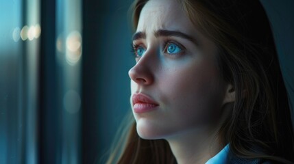 A portrait of a woman gazing out of a window, featuring blue eyes
