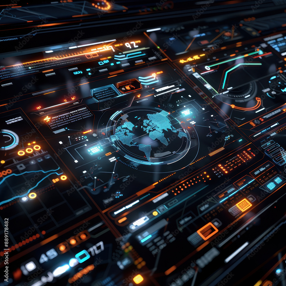 Leinwandbilder futuristic digital interface with global data visualization, analytics dashboard, and glowing hud el