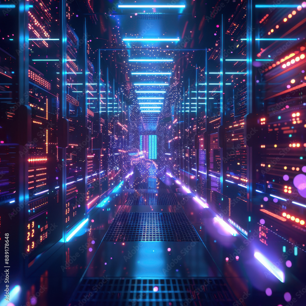 Poster futuristic data center server room with glowing neon lights and digital particle effects