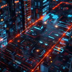 Obraz premium Futuristic digital interface with neon lights and data dashboard in a cityscape at night