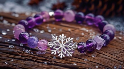 Silver snowflake charm on amethyst and pink quartz bracelet