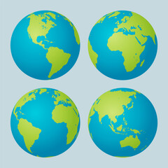 Earth globe. World map vector set. Blue green planets on a white background