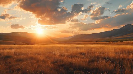 Serene sunset over golden meadow with distant hills.
