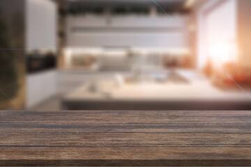 kitchen table top on home interior background.