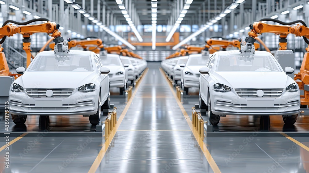 Poster a futuristic assembly line with robotic arms and a conveyor belt, building cars in a modern automate