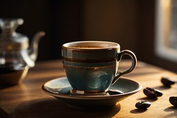 Fototapeta premium Cup of coffee with beans scattered on wooden table in morning sunlight