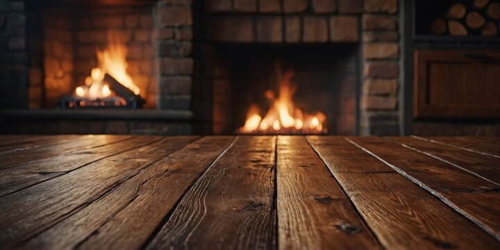 Empty wooden surface with blurred fireplace on background Product background for montage. AI generated.