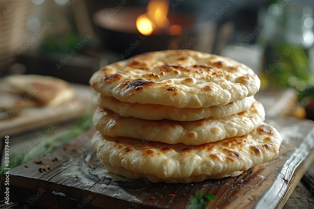 Poster closeup of a stack of freshly baked flatbreads on a rustic wooden cutting board - food photography