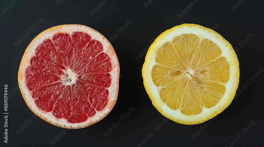 Poster top view of halved red grapefruit and yellow lemon on black background