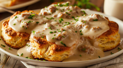 Fluffy Southern Biscuits with Creamy Sausage Gravy and Chives in a White Plate