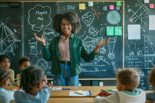 Black woman teacher with students learning in classroom.