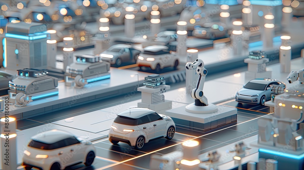 Poster a futuristic assembly line with robotic arms and a conveyor belt, building cars in a modern automate