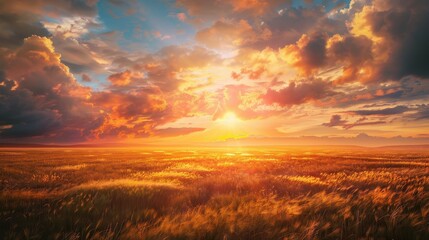 Golden sunset over expansive field with dramatic clouds