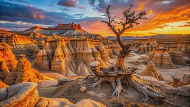 Vibrant orange hues sweep across the rugged, earth-toned landscape of Bisti Badlands as the sun dips below the horizon.