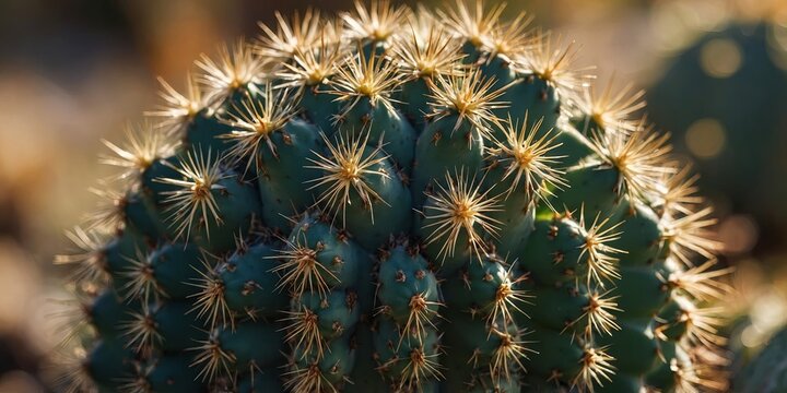 A close-up of a prickly cactus with its spines glistening in the sunlight.
