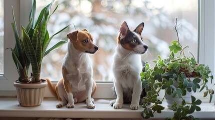 Obraz premium A dog and cat sit by a window. The pets are looking out the window, making for a cute image.