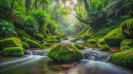 Fototapeta premium Lush green moss blankets ancient rock formation while gentle stream flows serenely through tranquil rainforest surrounded by vibrant tropical vegetation.