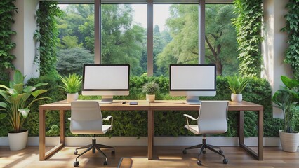 Fototapeta premium Modern minimalist office space with sleek computers, lush greenery, and empty white poster board, exuding creativity and professionalism.