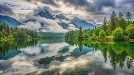 Serene calm lake water surface reflecting majestic misty mountains surrounded by lush green trees under overcast sky.
