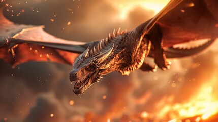 A majestic dragon with leathery wings, soaring through a fiery sky, its scales shimmering in the flames.