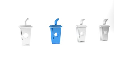 Blue Paper glass with drinking straw and water icon isolated on white background. Soda drink glass. Fresh cold beverage symbol. Minimalism concept. 3D render illustration