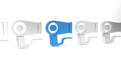 Blue Hair dryer icon isolated on white background. Hairdryer sign. Hair drying symbol. Blowing hot air. Minimalism concept. 3D render illustration