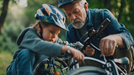 Obraz premium Grandfather and grandchild fixing a bike, practical and cooperative, upper third copy space