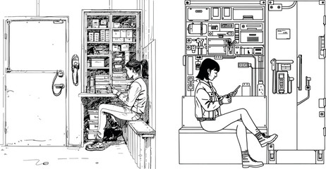 An illustration of a female blacksmith seated in a workshop, wearing an apron and holding a tong