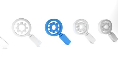 Blue Magnifying glass and gear icon isolated on white background. Search gear tool. Business analysis symbol. Minimalism concept. 3D render illustration
