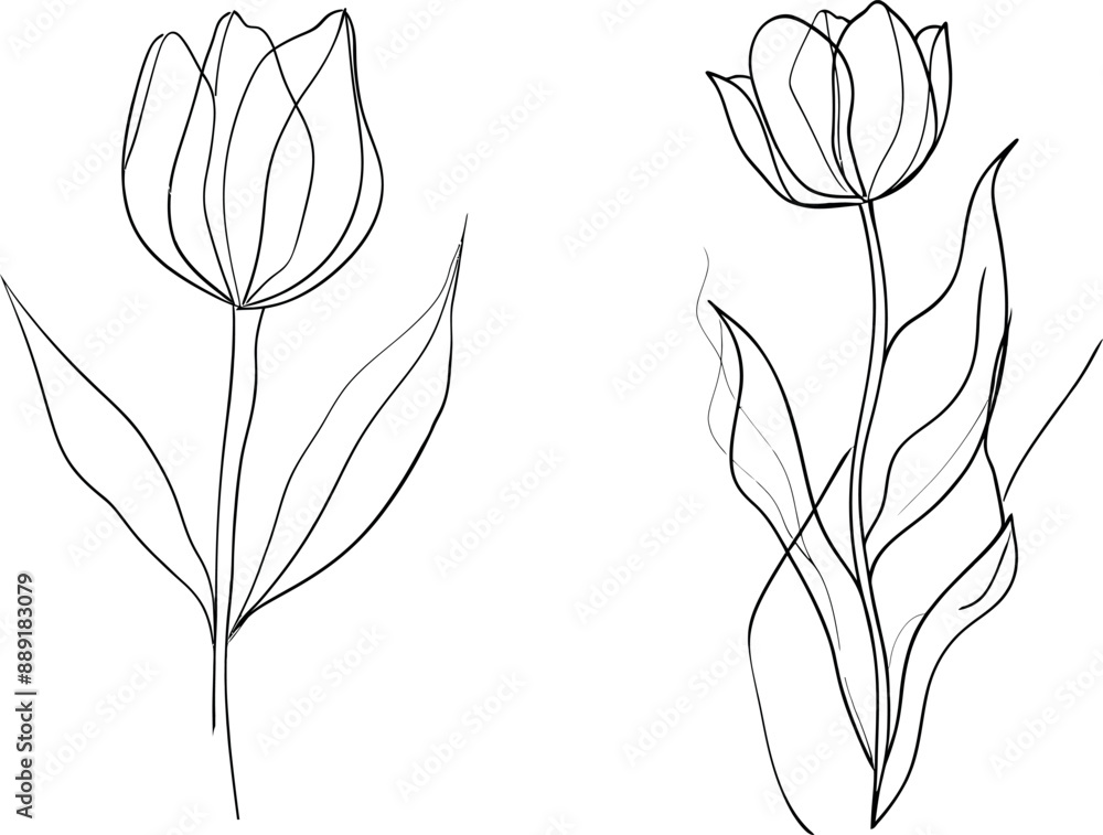 Wall mural tulips drawn in one line on a neutral abstract shape background with a neutral color scheme