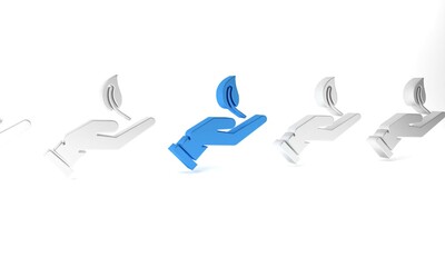 Blue Sprout in hand of environmental protection icon isolated on white background. Seed and seedling. Planting sapling. Ecology concept. Minimalism concept. 3D render illustration