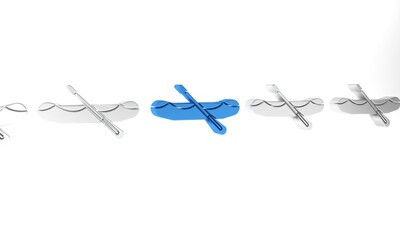 Blue Rafting boat icon isolated on white background. Inflatable boat with paddles. Water sports, extreme sports, holiday, vacation. Minimalism concept. 3D render illustration