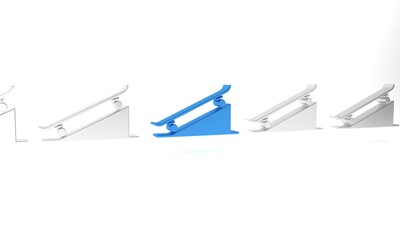 Blue Skateboard on street ramp icon isolated on white background. Extreme sport. Sport equipment. Minimalism concept. 3D render illustration