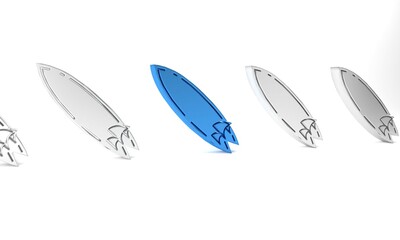 Blue Surfboard icon isolated on white background. Surfing board. Extreme sport. Sport equipment. Minimalism concept. 3D render illustration