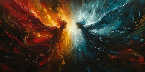 Abstract painting depicting figures of fire and ice facing each other, representing duality and contrast. Good and evil concept