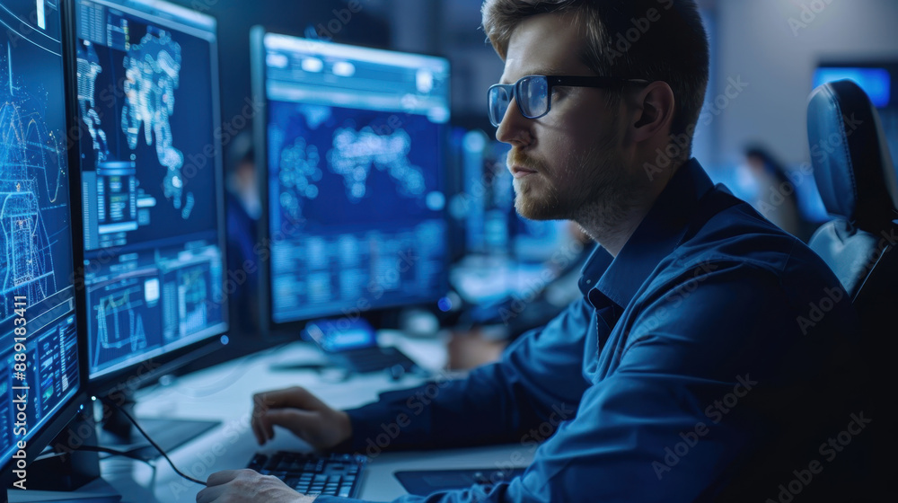 Poster male it professional analyzing data on multiple computer monitors in a dark, high-tech office enviro