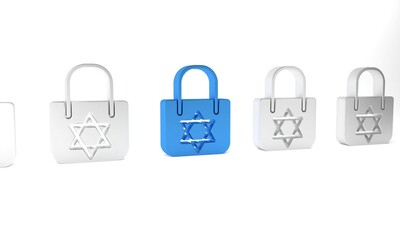 Blue Shopping bag with star of david icon isolated on white background. Package sign. Minimalism concept. 3D render illustration