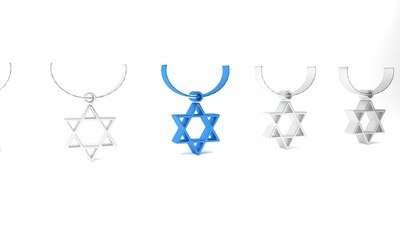 Blue Star of David necklace on chain icon isolated on white background. Jewish religion symbol. Symbol of Israel. Jewellery and accessory. Minimalism concept. 3D render illustration