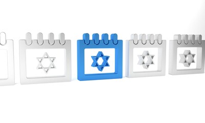 Blue Jewish calendar with star of david icon isolated on white background. Hanukkah calendar day. Minimalism concept. 3D render illustration